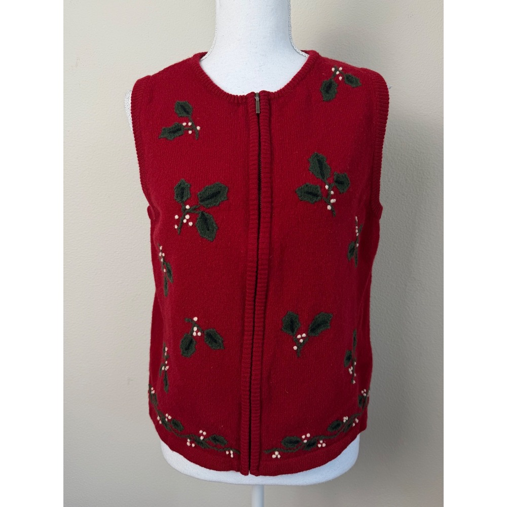 Charter Club Womens Lambswool Sweater Vest L Red Christmas Holly Zip Vintage